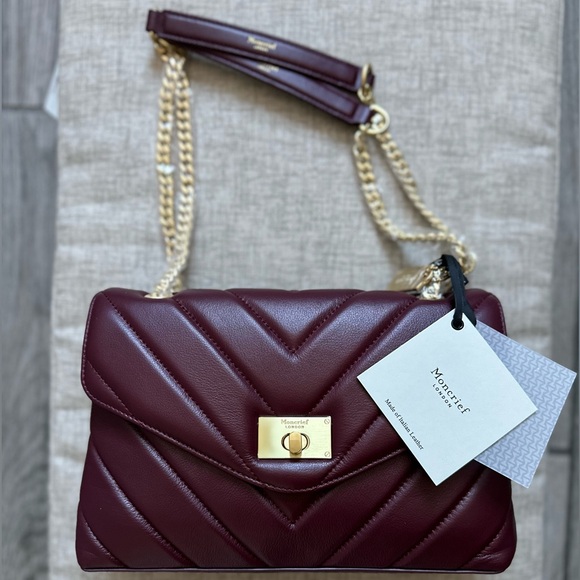 NWT MONCRIEF LONDON Cathryn Bordeaux Leather Flap Over Quilted Tote - Picture 3 of 9